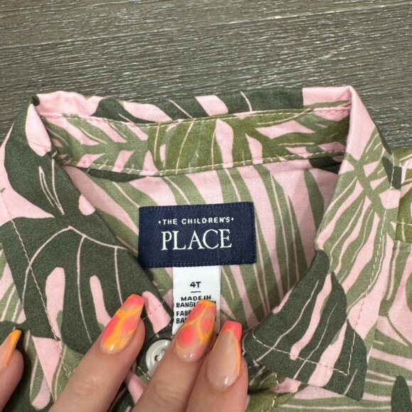 Children’s Place Youth Boys Monstera Floral Short Sleeve Button Down Shirt - Picture 3 of 3